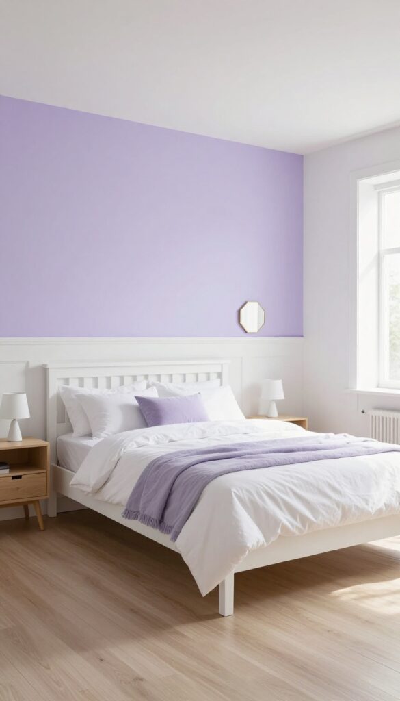 Lavender accent wall with white wainscoting in a bright girls bedroom