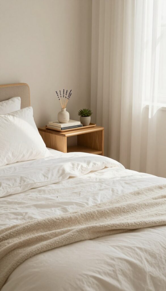 Cozy guest bedroom with lavender diffuser on nightstand, soft natural light, layered white linens, and warm neutral decor.