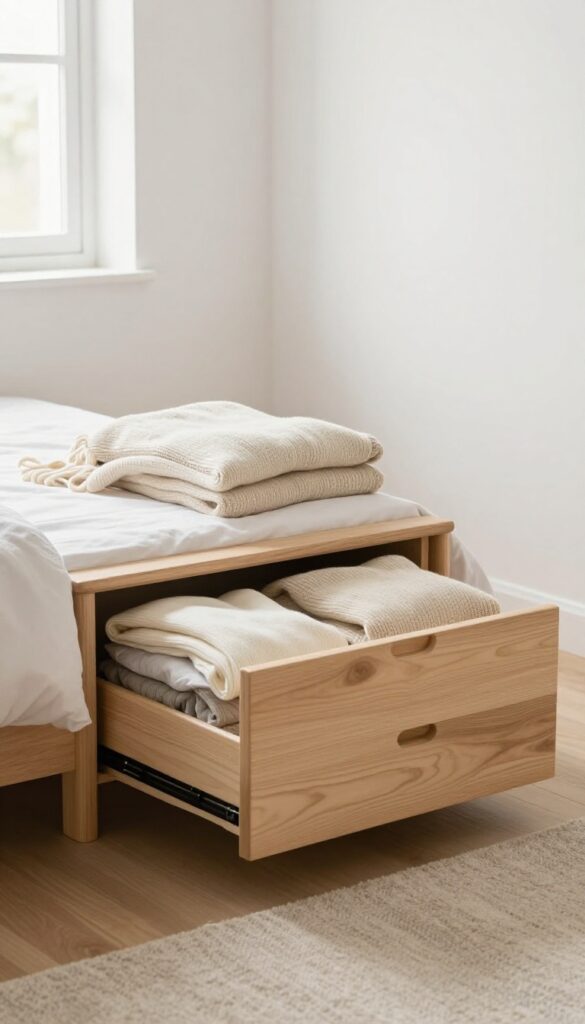 Under-bed rolling drawers in a small bedroom with neatly stored sweaters and bedding.