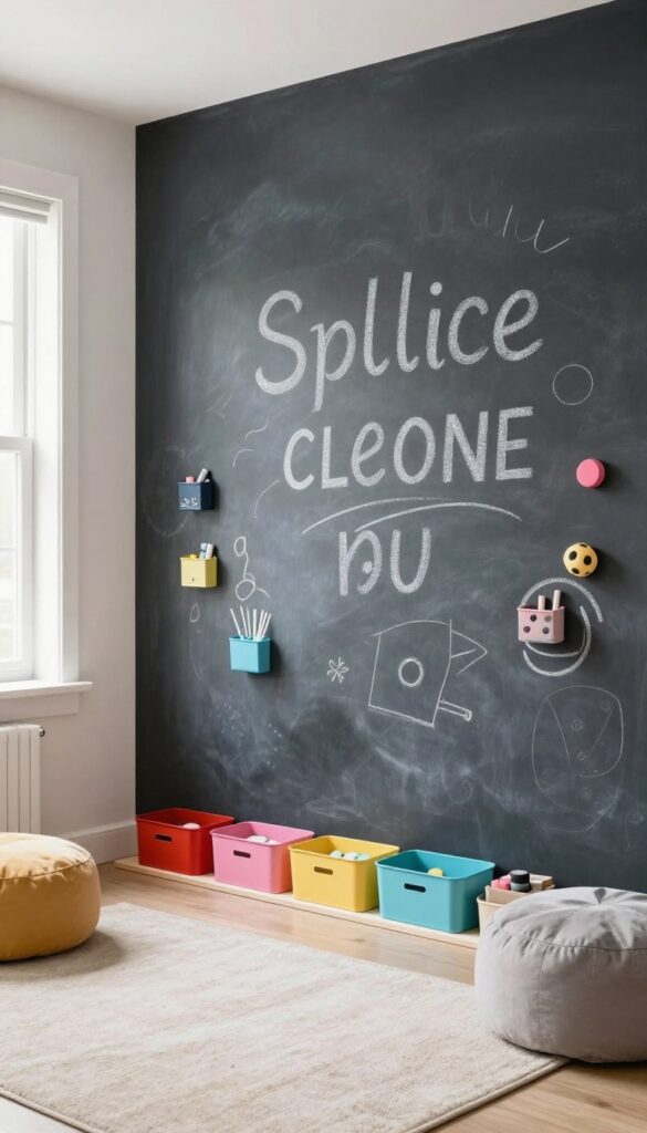 Chalkboard wallpaper wall with magnetic storage tins in a kids' bedroom