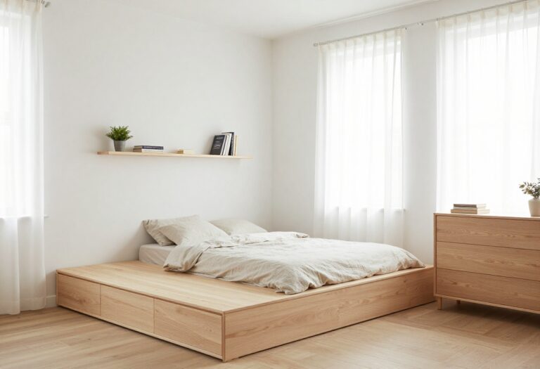 Small bedroom with platform bed, built-in drawers, floating shelf, and tall dresser in a bright, airy setting