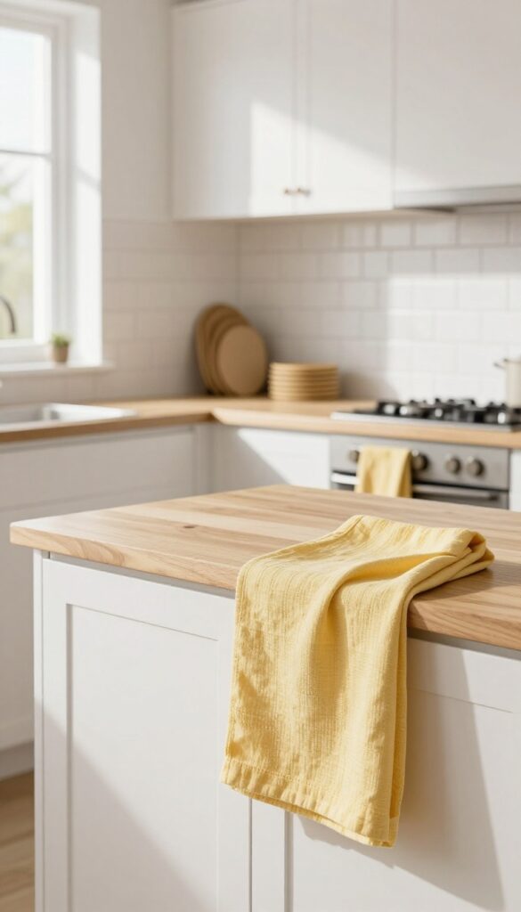 Bright kitchen with white cabinets, wood island, and yellow textiles including runner, dish towel, and placemats.