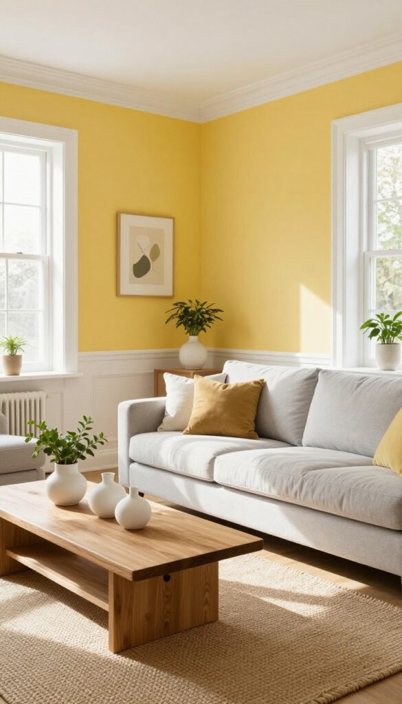 Cozy living room with buttery yellow walls, gray sofa, jute rug, and wood accents, bathed in natural sunlight.