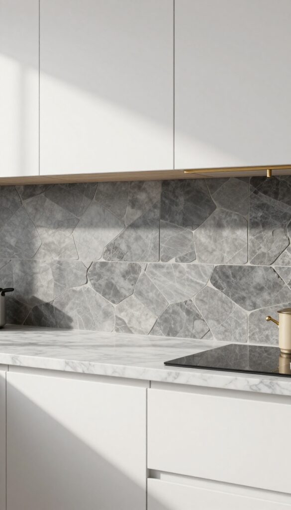 Modern kitchen with random slate tile backsplash in shades of gray, white cabinets, marble countertops, warm wood accents, and brass hardware.
