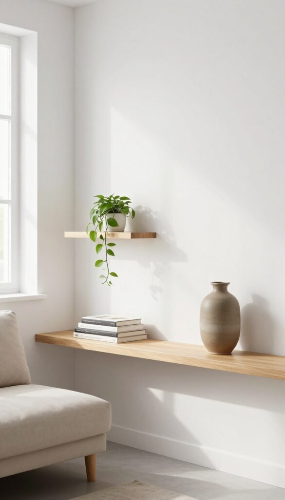 Single floating shelf above sofa with books, plant, and ceramic vase