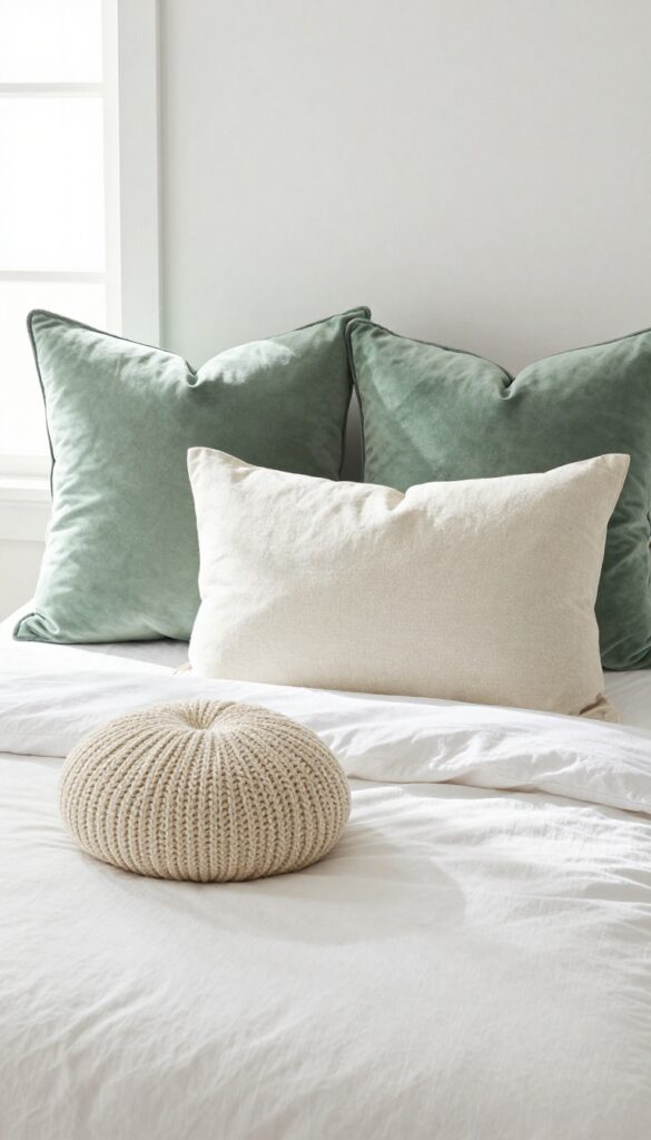 A bed with layered sage green pillows in velvet, linen, and knit textures, natural light, serene bedroom setting