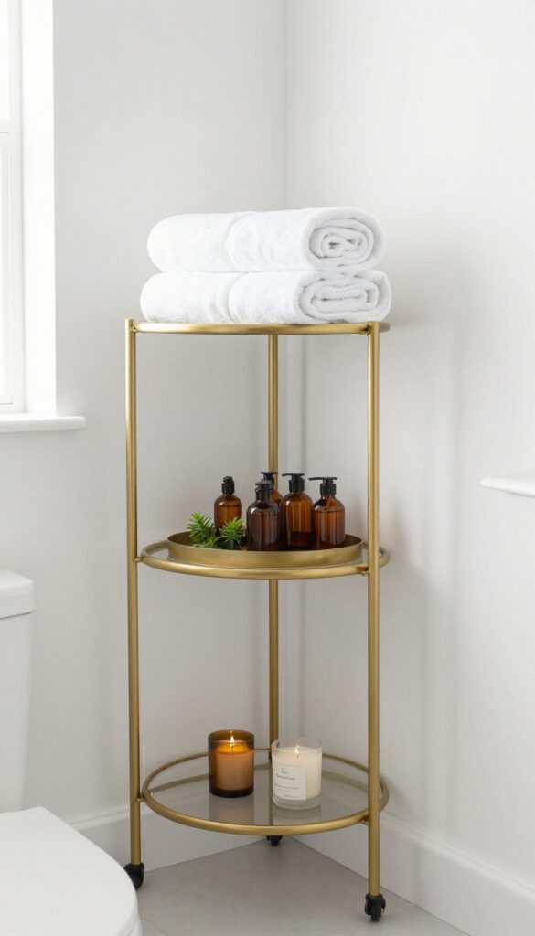 Slim rolling cart with toiletries and towels in a bright guest bathroom