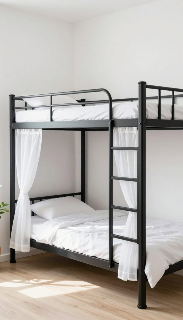 Minimalist metal bunk bed with white canopy curtains in a bright, airy bedroom