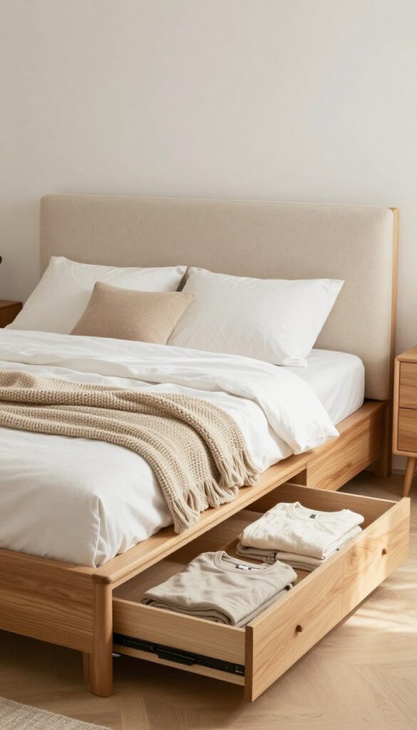 A platform bed with built-in drawers in a small bedroom, warm wood frame, soft beige upholstery, white linens, and natural light.