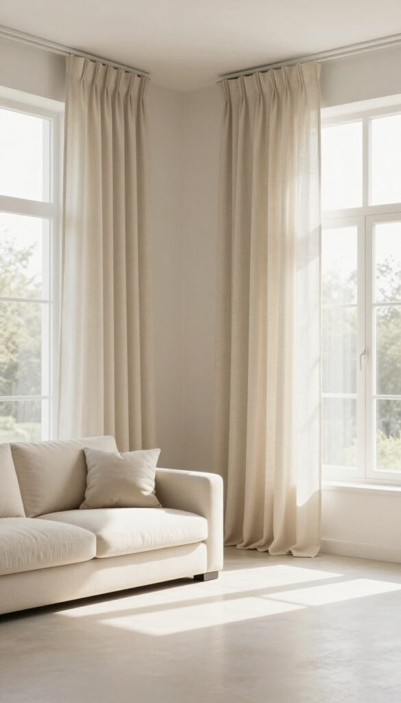 Living room with cream couch and high wide curtains in warm oatmeal linen, creating an illusion of height and spaciousness.
