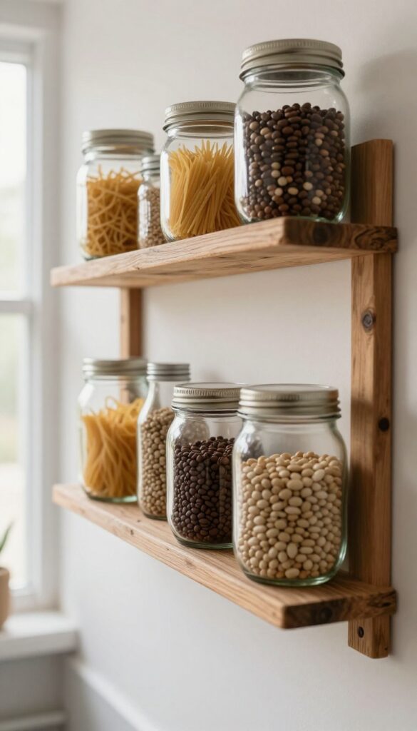 Mason jar wall storage on reclaimed wood in a bright kitchen