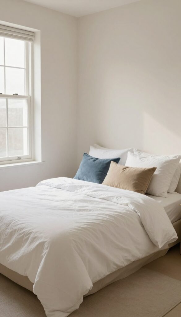 A small bedroom bed with layered pillows in different sizes and textures, including cotton shams, velvet lumbar, and linen square, in a calm neutral color palette.