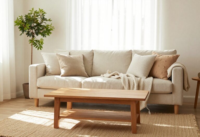 Cozy living room with cream couch, textured pillows, wooden coffee table, and natural light
