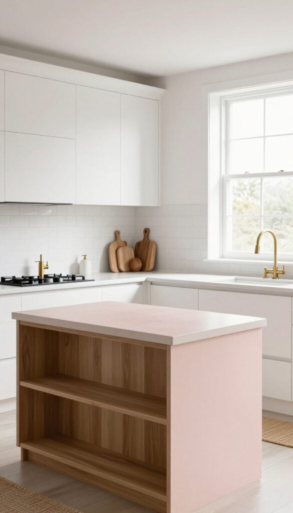 Blush-tinted concrete countertops in a bright modern kitchen with white cabinets, brass fixtures, and natural light.