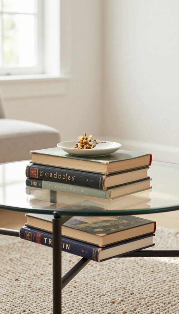Stack of vintage books on a coffee table with a ceramic dish and dried flower in a boho living room