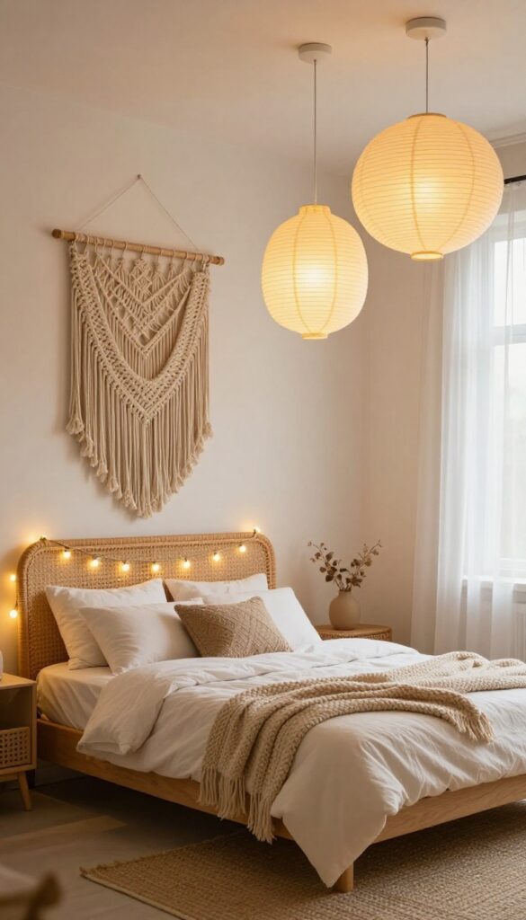 Boho girls bedroom with warm string lights and paper lanterns creating a cozy, magical atmosphere