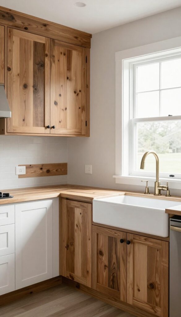 Reclaimed wood plank backsplash in a farmhouse kitchen