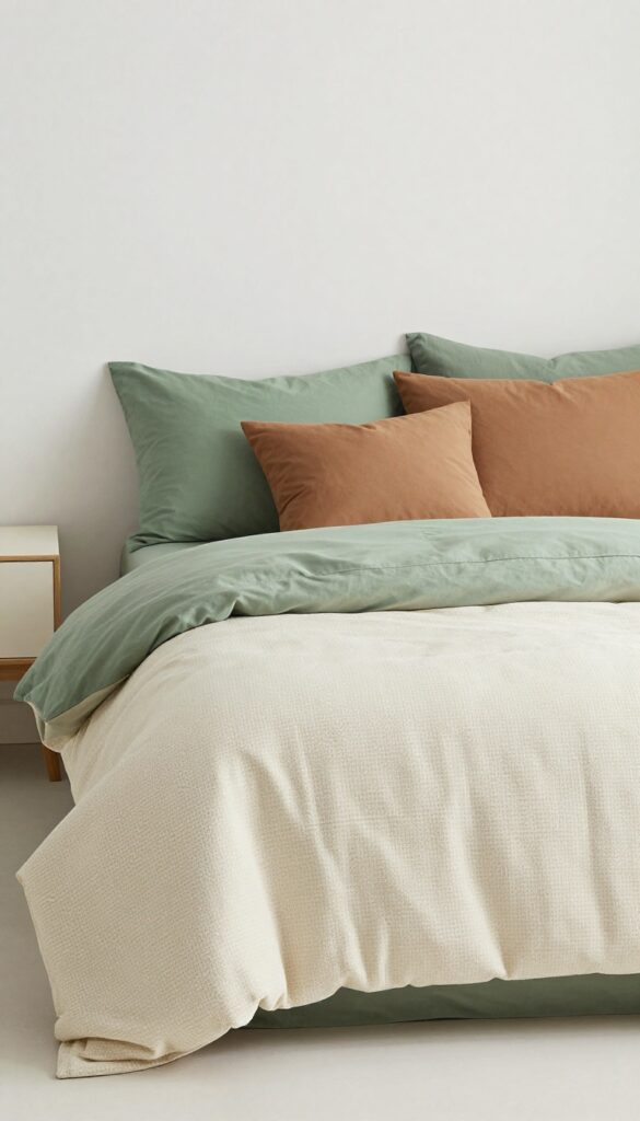 Boy's bedroom bed with subtle grid pattern duvet and solid green and brown pillows