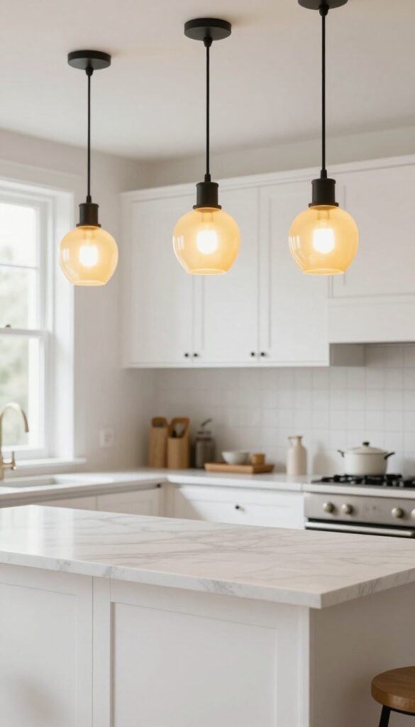 Yellow pendant lights hanging above a kitchen counter in a bright, modern kitchen.