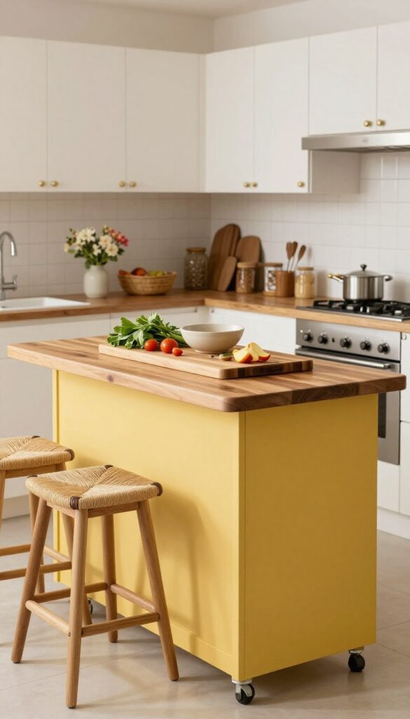 Multi-purpose kitchen island on wheels in a small Indian kitchen with butcher block top and bar stools