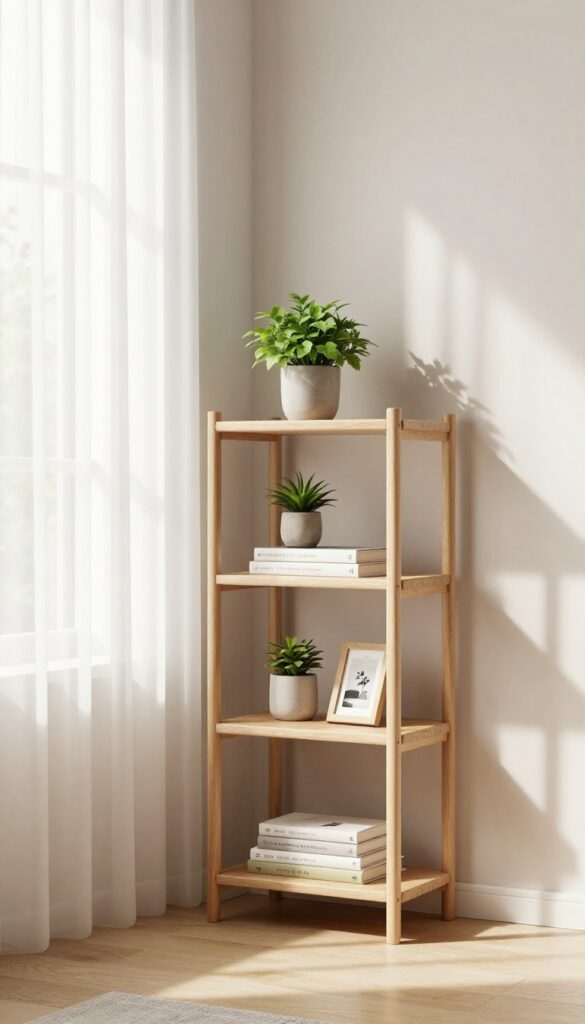 Corner shelf unit in a small living room nook with plants, books, and framed photo, natural light, airy and uncluttered