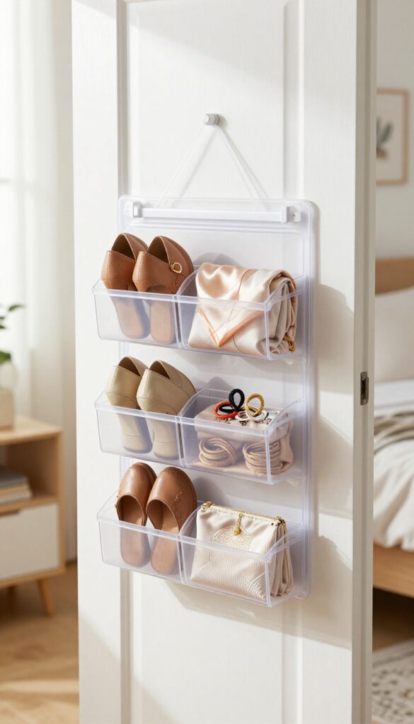 Over-the-door organizer filled with shoes, scarf, and jewelry on a white bedroom door in a bright, airy room