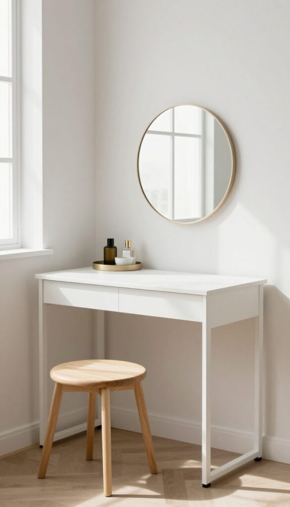 Small bedroom corner with a white lift-top writing desk, round mirror, and tucked stool, bathed in natural light.