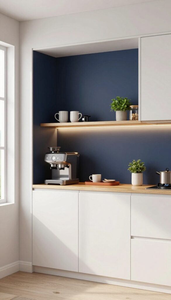 Cozy kitchen coffee nook with navy blue recessed cabinet cutout, floating shelf, and warm under-cabinet lighting.