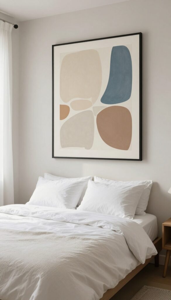 Small bedroom with large abstract artwork above bed, neutral tones, natural light