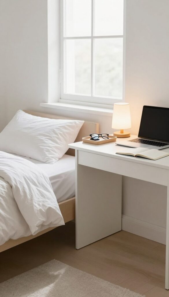 Small bedroom with a slim white desk replacing a nightstand, holding a lamp, tray, laptop, and notebook, next to a bed with light linens, bathed in natural light.