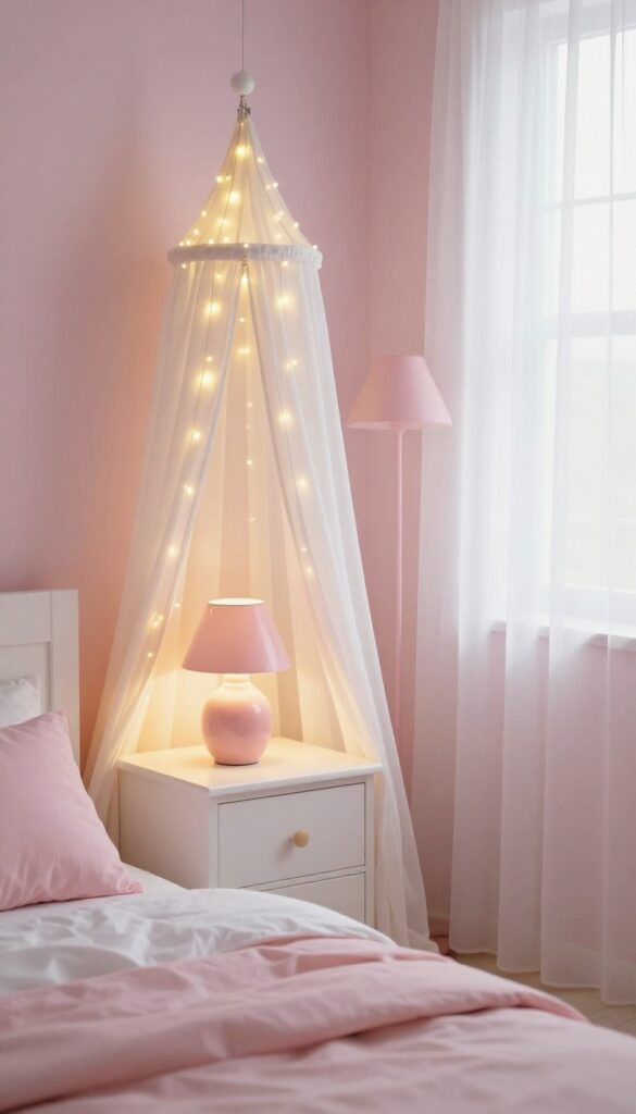 A pink girls bedroom with warm glow lamps and fairy lights creating a cozy, rosy ambiance at dusk.