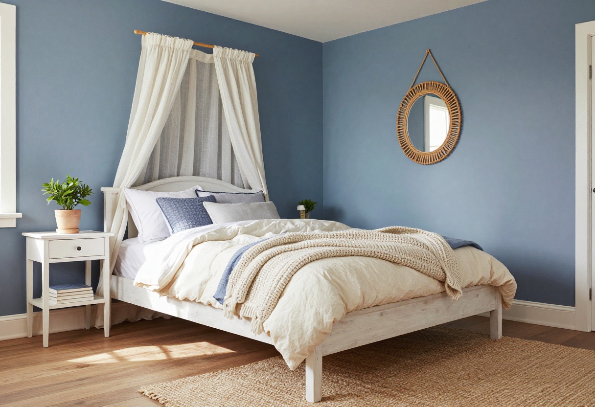 Cozy blue girls bedroom with whitewashed bed, layered bedding, jute rug, and natural light