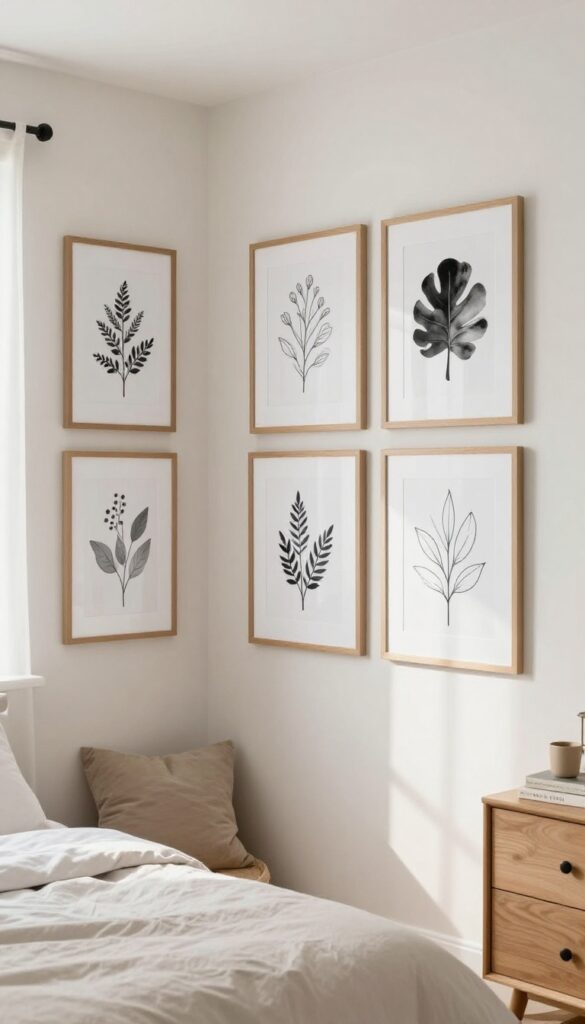 A gallery wall of black-and-white prints in a neutral girls bedroom, featuring botanical sketches and minimalist art in thin black and wood frames with white matting, above a low dresser in a bright, airy room.