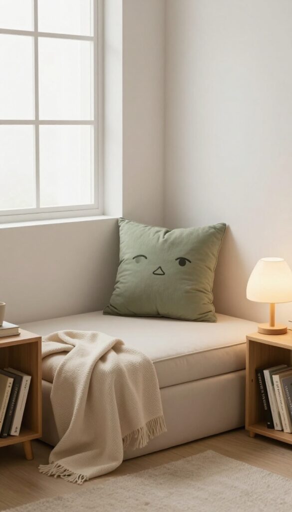 Cozy reading nook with creeper pillow and warm lighting