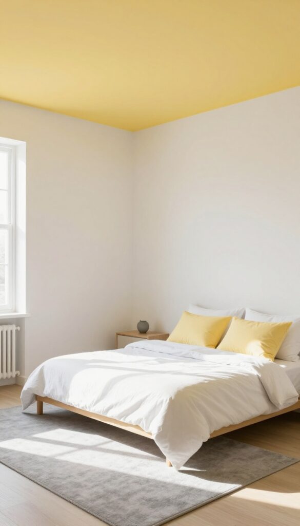 Bright bedroom with pale yellow ceiling, white walls, and soft gray accents, sunlight streaming in