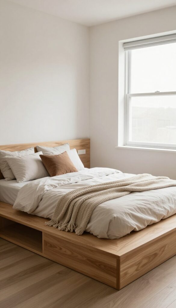 Boy's bedroom with a statement wooden platform bed as the centerpiece, neutral bedding, and natural light.
