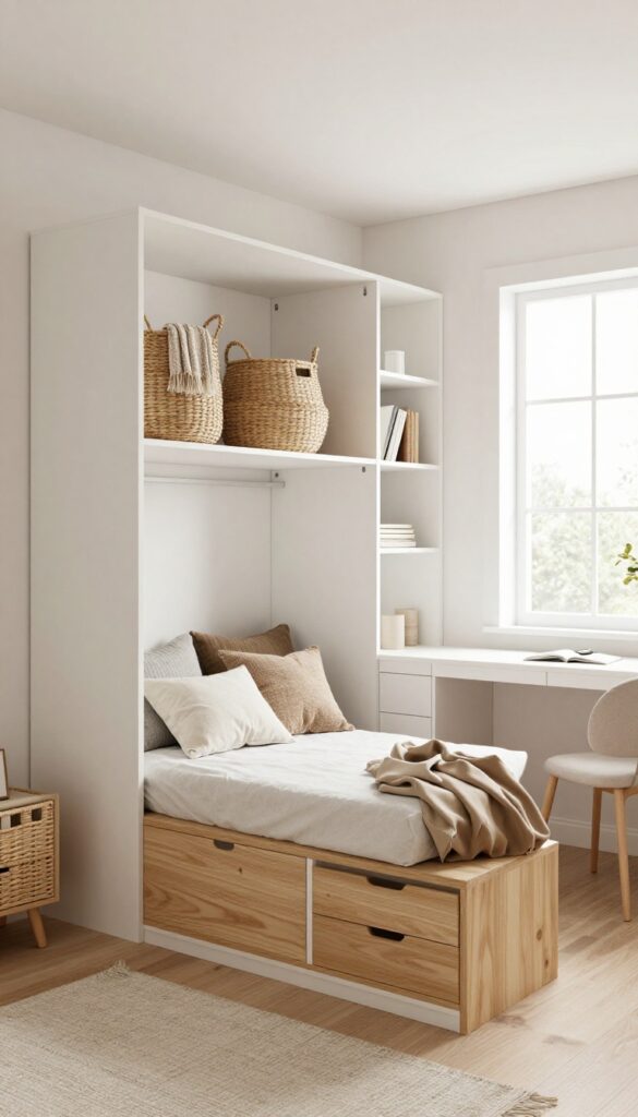Murphy bed with hidden storage drawers in the base, bright home office interior