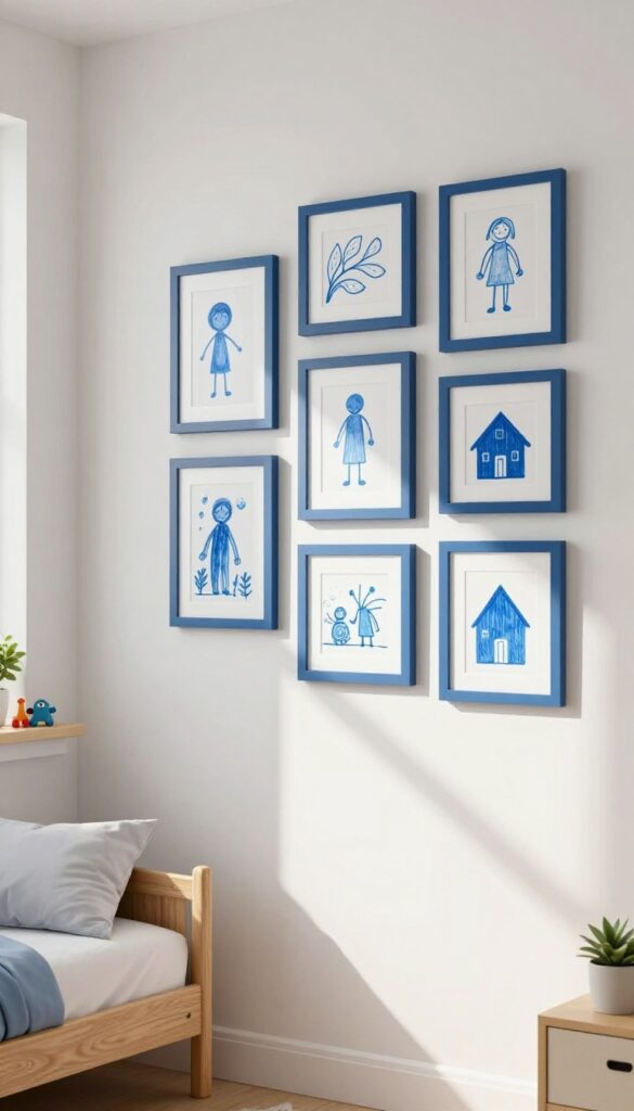 Blue gallery wall with personal art in a bright boys bedroom