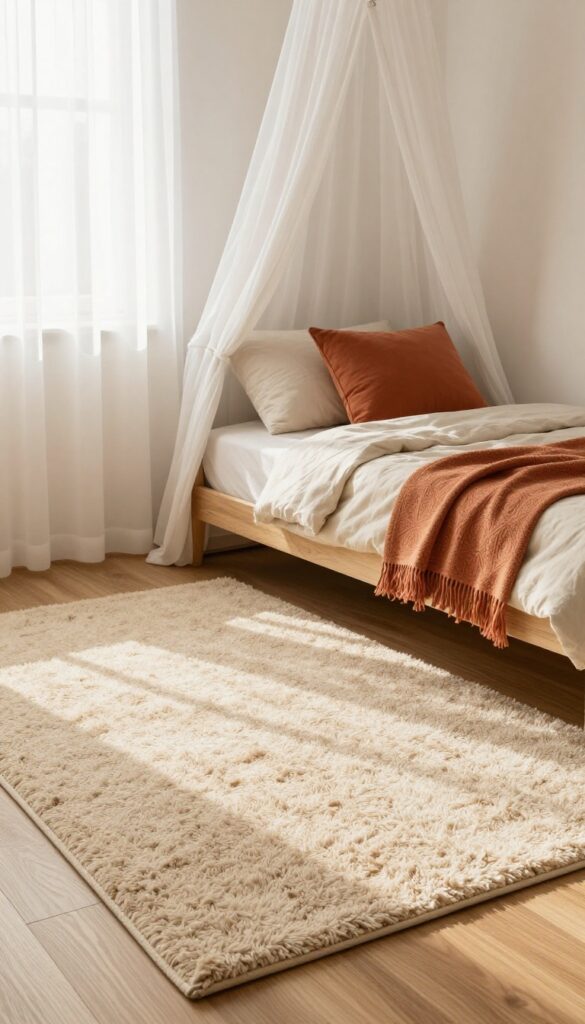 Cozy small bedroom with a plush beige shag rug, natural light, and neutral bedding.