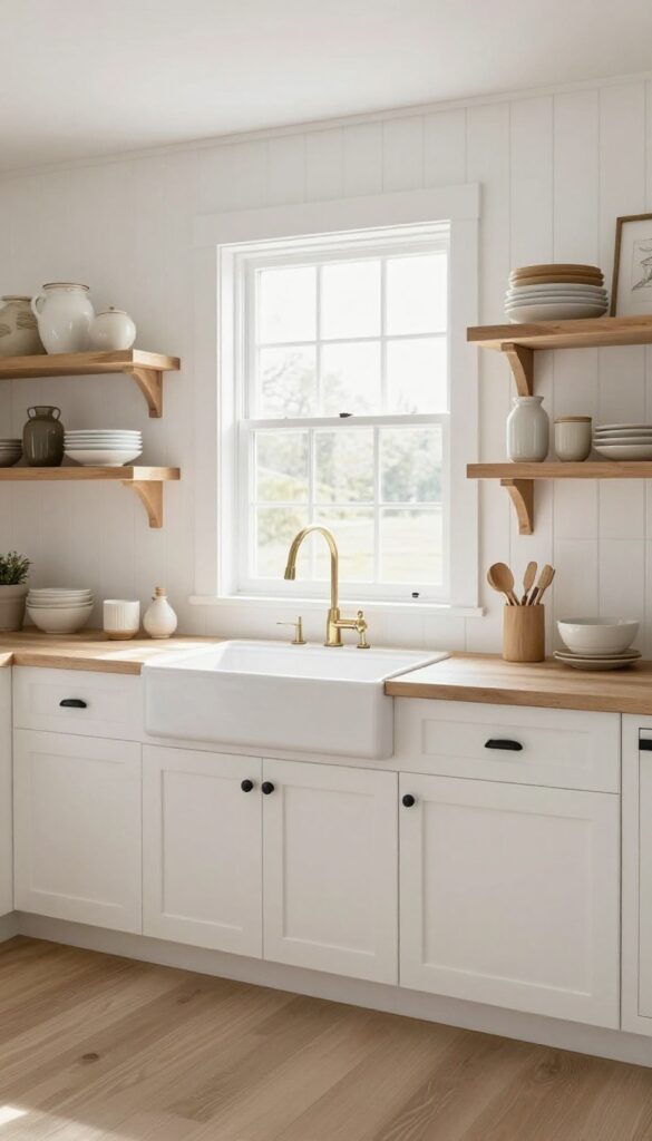 Farmhouse kitchen with white beadboard backsplash, farmhouse sink, white shaker cabinets, black hardware, and open wood shelves.