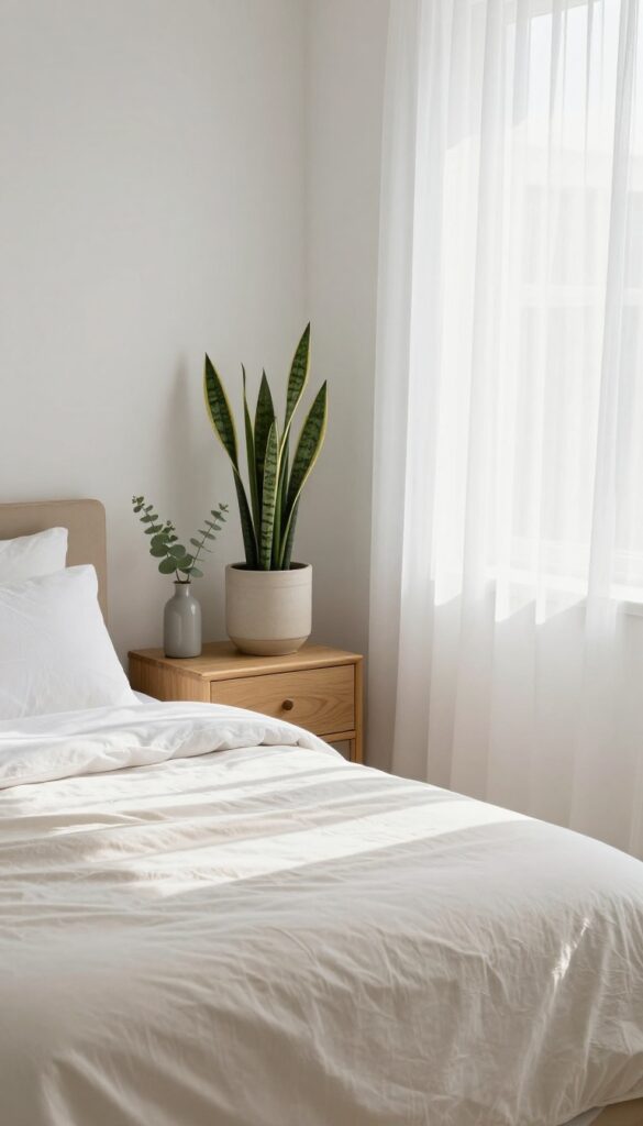 Guest bedroom with greenery on nightstand and dresser, bright natural light, cozy and fresh
