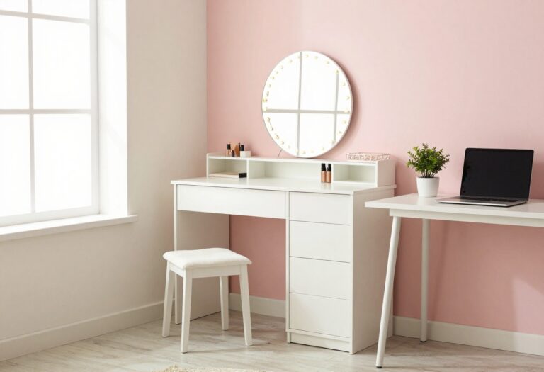 Teenage girl's bedroom with a vanity corner and desk zone in soft pink and white