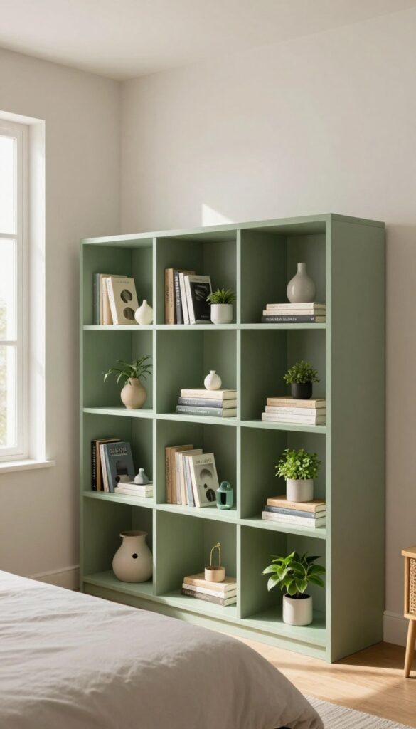Bookshelf with sage green back panels displaying books and decor in a bright bedroom
