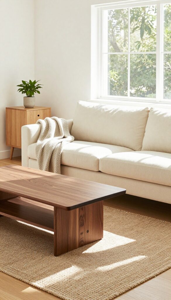 Cream couch with warm wood tones in a bright living room