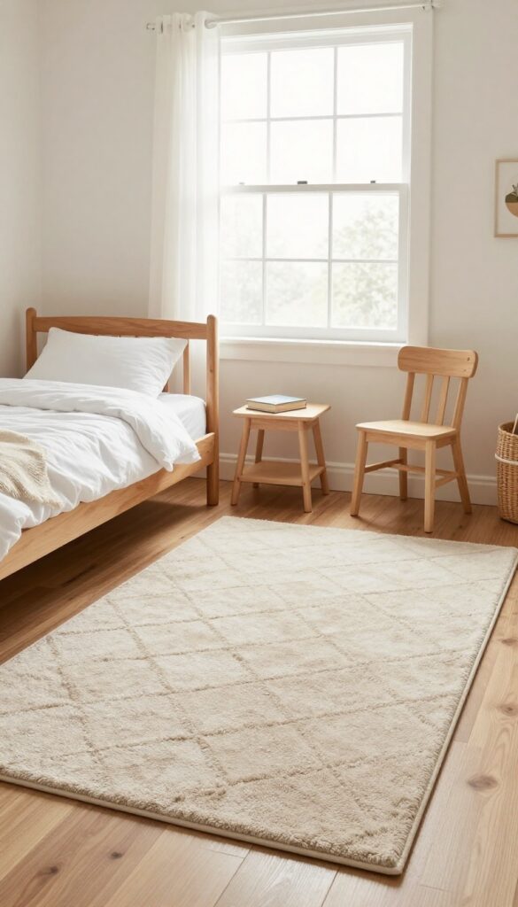 Kids bedroom with small oatmeal rug at foot of bed, cozy reading nook with chair and side table, bright natural light, soft textures