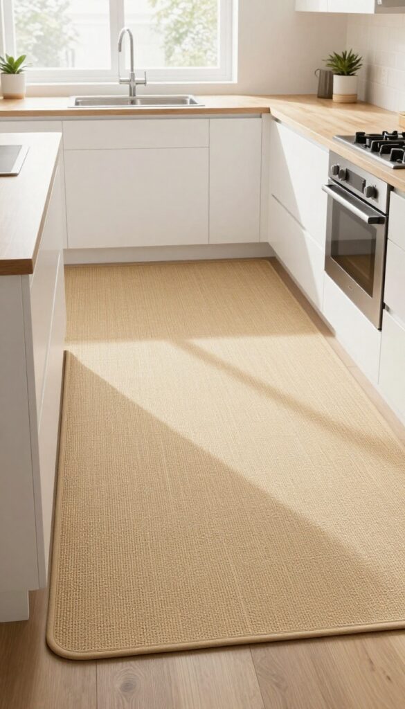 Custom-fit mat in an irregular L-shaped kitchen layout, seamless and textured under natural light