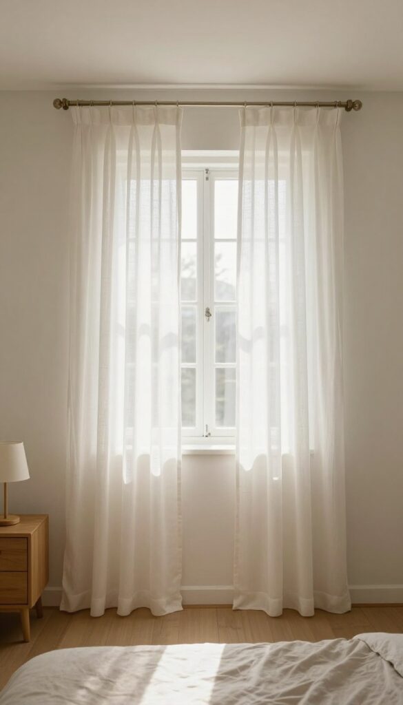 Small bedroom with high and wide curtain placement, sheer white curtains, natural light, cozy bed