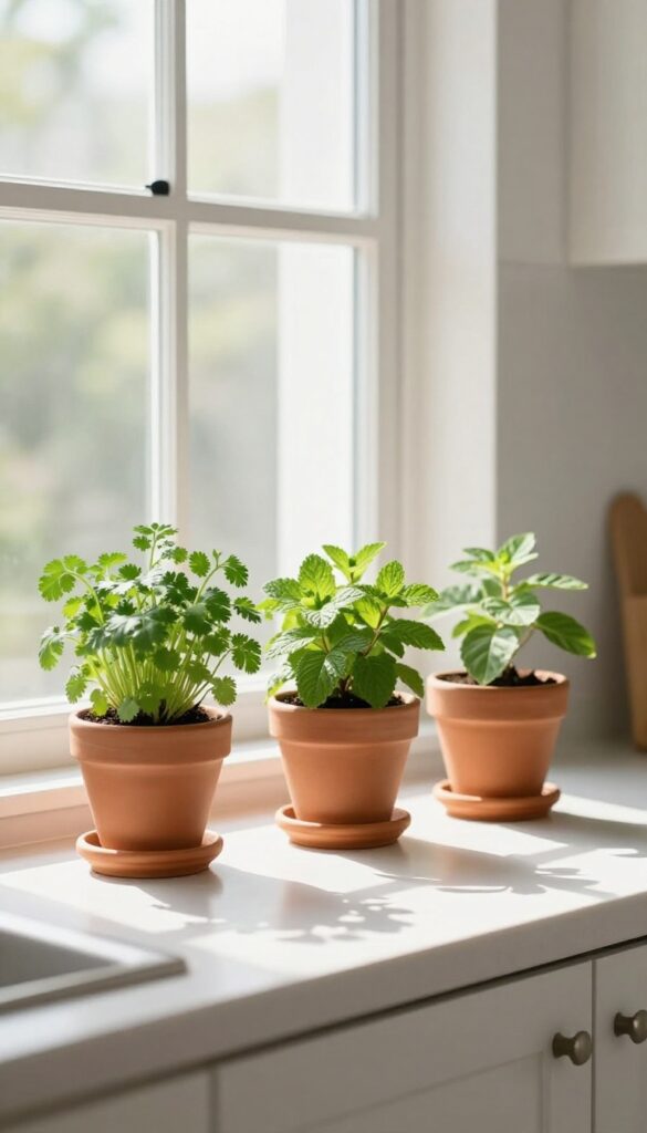 Window sill herb garden with small terracotta pots of coriander, mint, and curry leaves in a bright kitchen