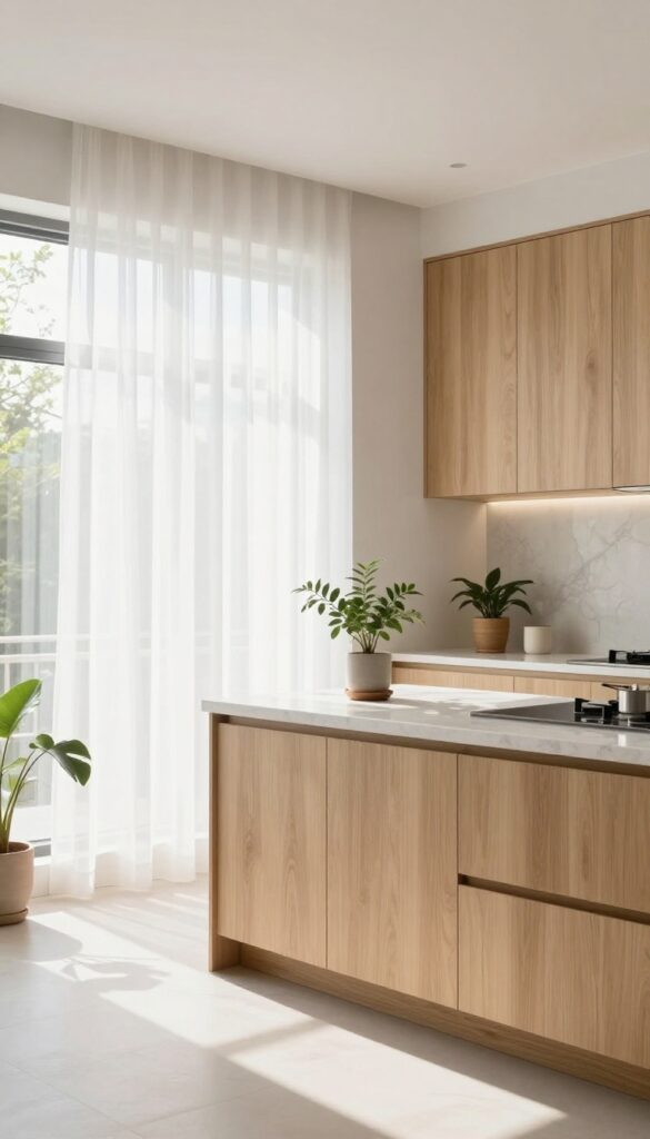 Bright Indian open kitchen with sheer curtains and natural sunlight