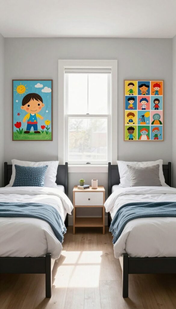 Twin boys bedroom with personal gallery walls above each bed, featuring matching black frames with different artwork.